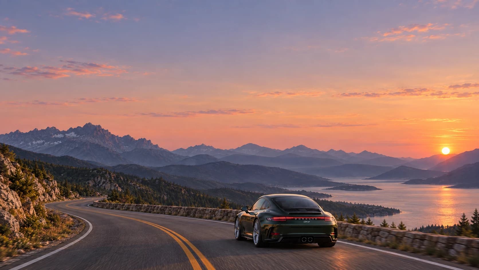 A forest green Porsche GT3 Touring on a winding road above an alpine lake, beneath an expansive dusk sky.